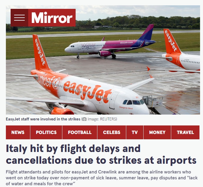 noticia aparecida en el diario Mirror sobre retrasos y cancelaciones en aeropuertos de italia